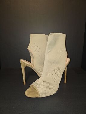 Neutral Knit Peep-Toe Stiletto Booties - Beige
